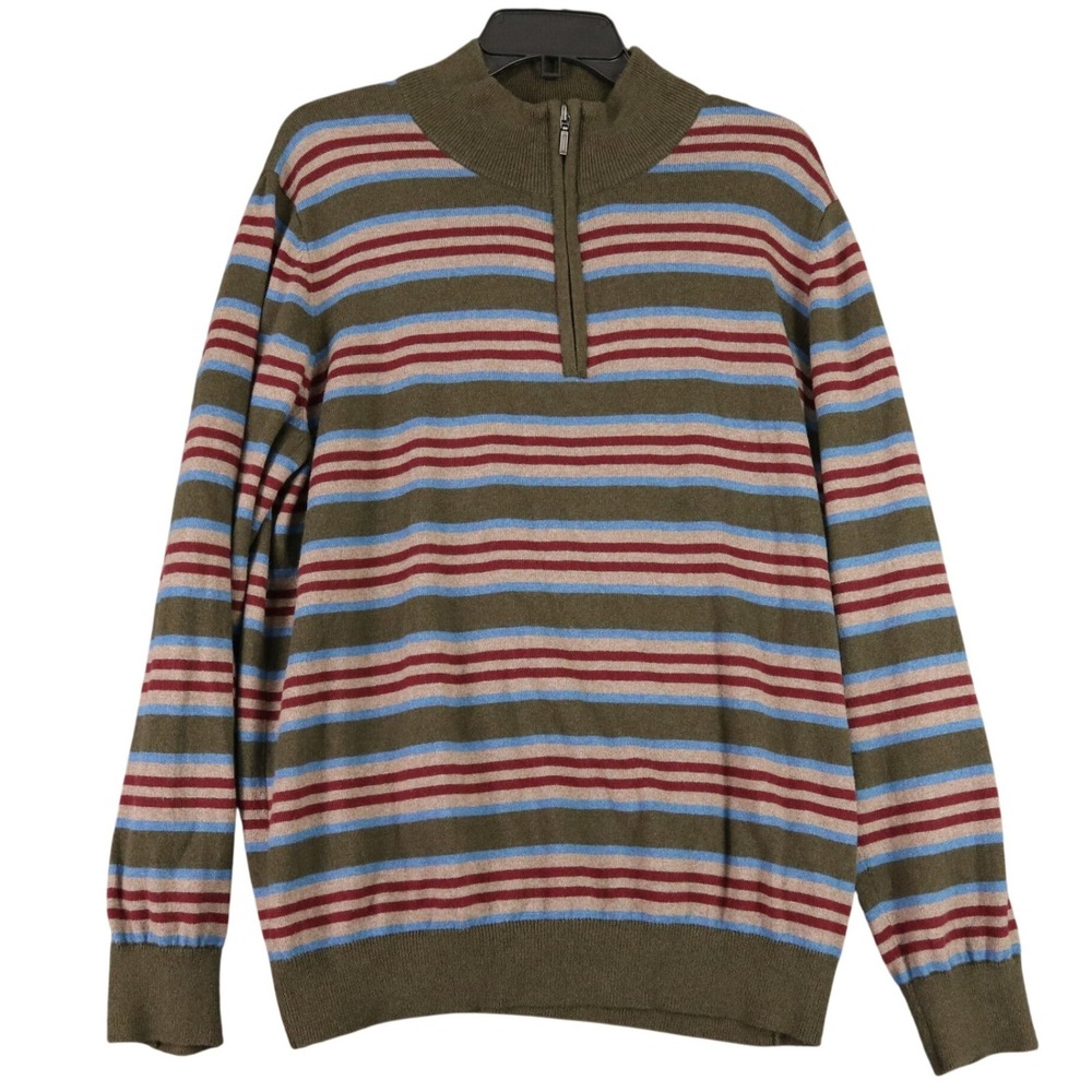 LL Bean Cotton Cashmere Quarter Zip Sweater Mens L Regular Striped Mock Neck